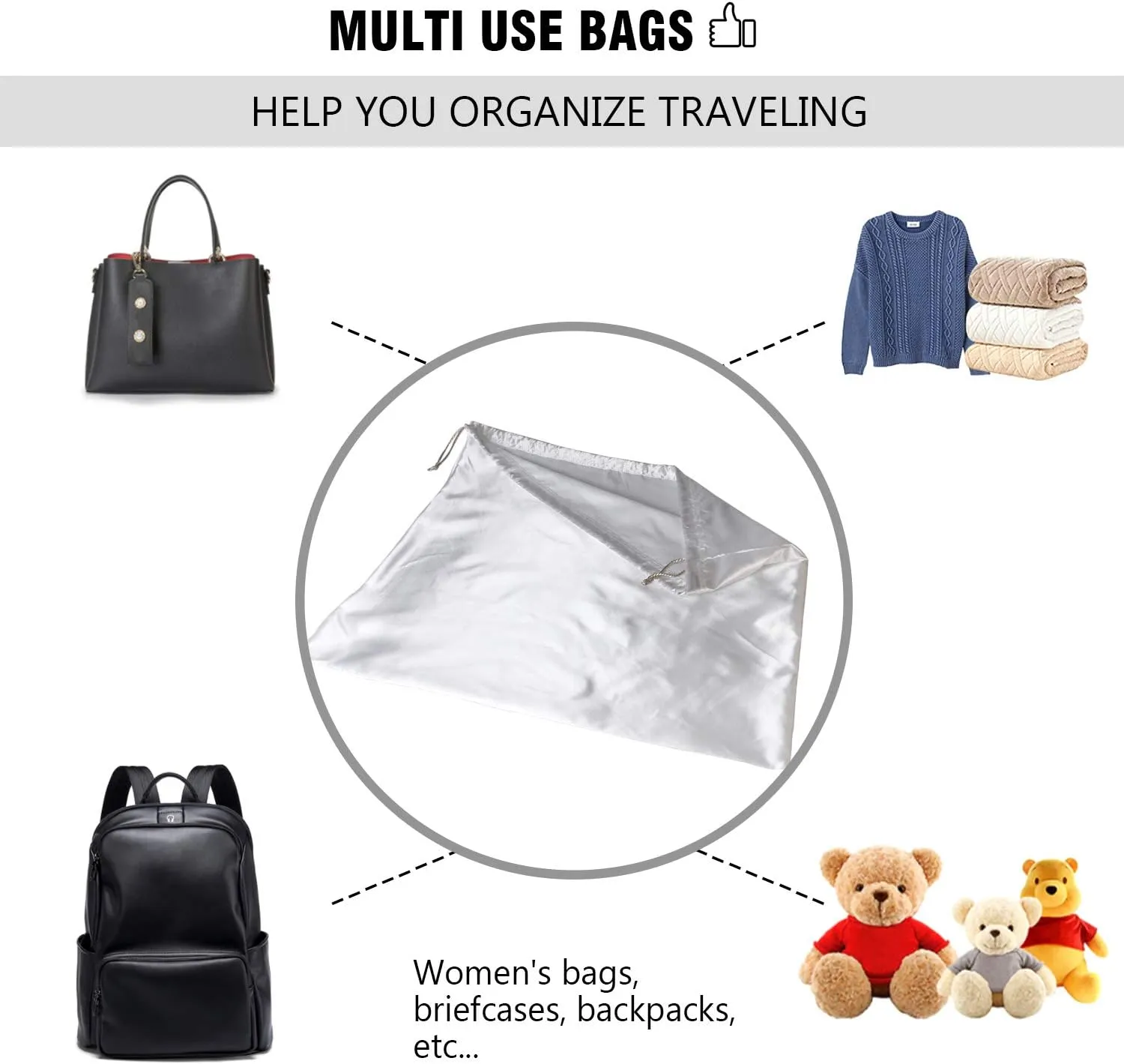 PlasMaller Dust Cover Storage Bags Silk Cloth with Drawstring Pouch For Handbags Purses Pocketbooks Shoes Boots Set of 6, White (23.6 x 19.6 in)