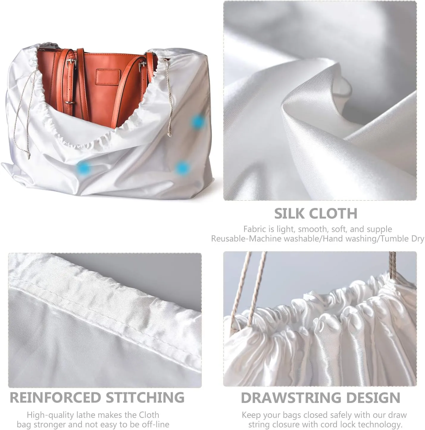 PlasMaller Dust Cover Storage Bags Silk Cloth with Drawstring Pouch For Handbags Purses Pocketbooks Shoes Boots Set of 6, White (23.6 x 19.6 in)