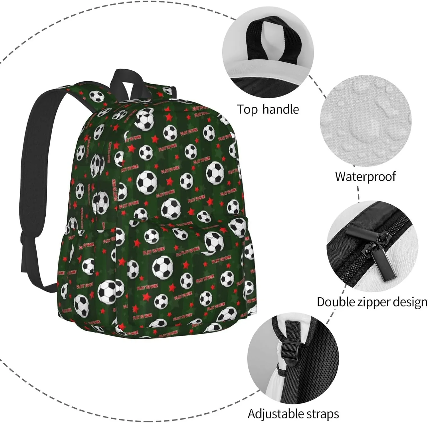 Play To Win Football Red Stars Green Vertical Bar Laptop Backpack Shoulder Bag Laptop Pack Travel Backpacks Commuter Back Pack Casual Daypack Bags With Side Pockets