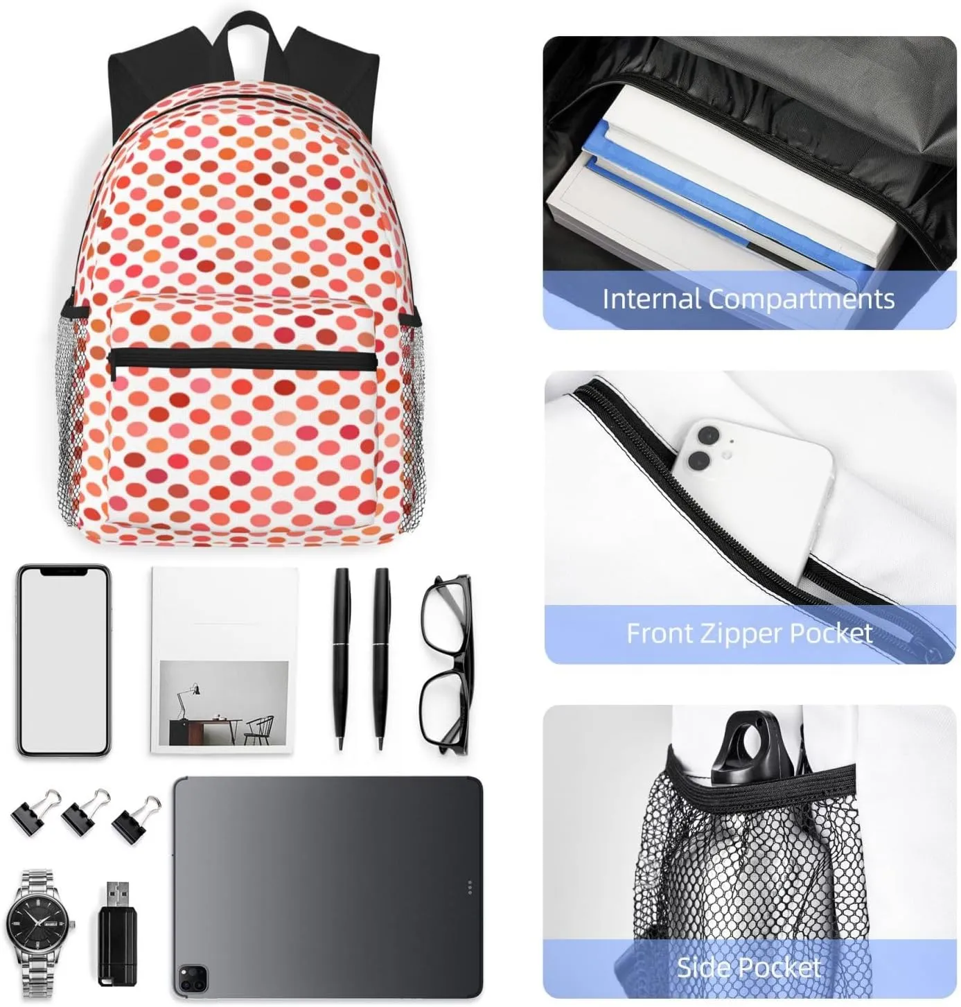 Polka Dots Red Backpack, Travel Laptop Backpack Computer Bag Rucksack for Men Women Business Work Fits 15.6 Inch Notebook
