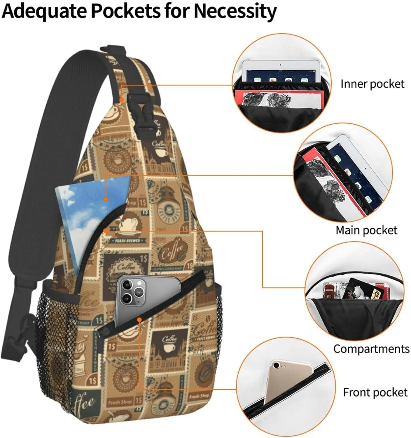 Postage Stamps Morning Coffee Roast Cross Chest Bag Diagonally Hiking Crossbody Bag Travel Shoulder Daypack Lightweight Sling Backpack Cycling Daypacks Fitness Chest Backpacks