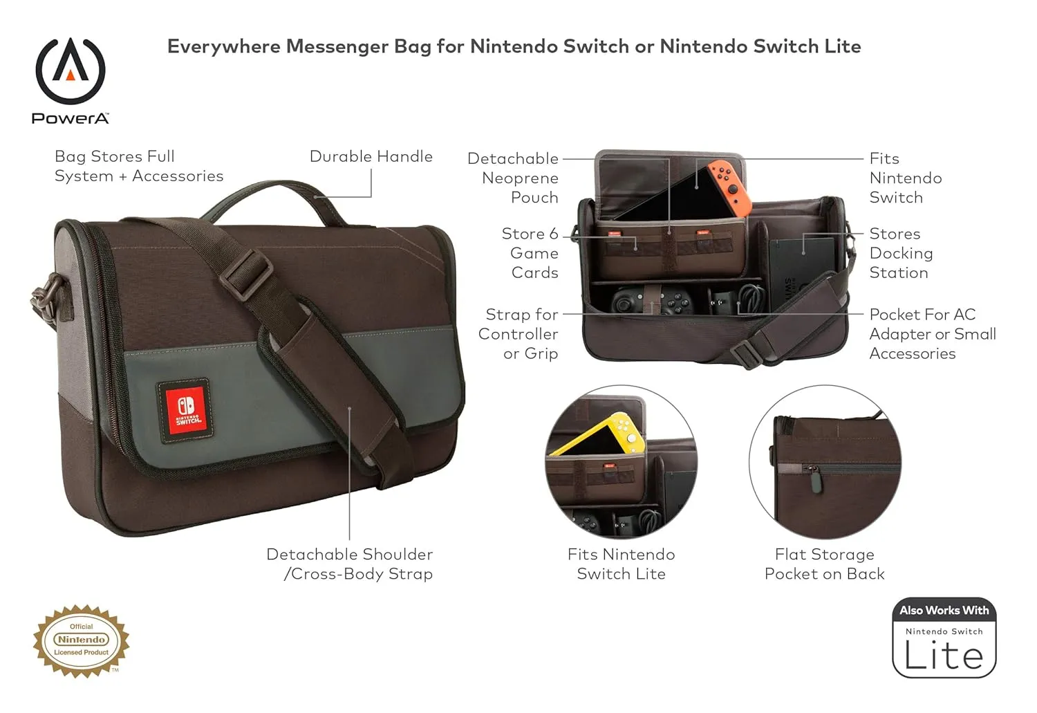 PowerA Everywhere Messenger Bag for Nintendo Switch or Nintendo Switch Lite, Gaming Case, Carrying Case for Accessories, Console Case - Nintendo Switch