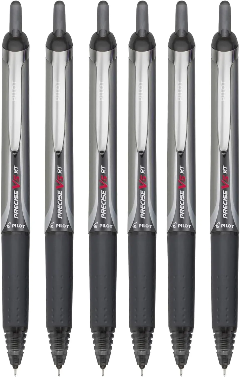 Precise V5 RT Retractable Rolling Ball Pens, Extra Fine Point (.5mm), Black Ink, 6-pk; Premium Comfort Grip, Bundle with Plastic Reusable Pouch