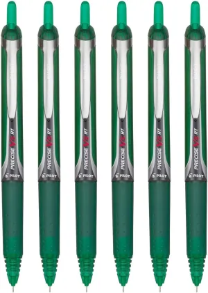 Precise V5 RT Retractable Rolling Ball Pens, Extra Fine Point (.5mm), Green Ink, 6-pk; Premium Comfort Grip, Bundle with Plastic Reusable Pouch