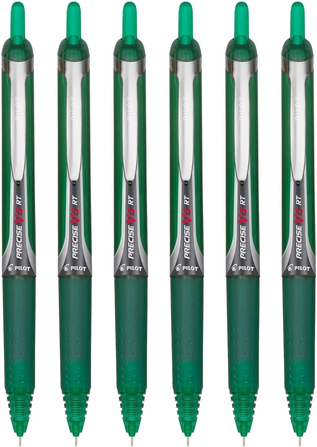 Precise V5 RT Retractable Rolling Ball Pens, Extra Fine Point (.5mm), Green Ink, 6-pk; Premium Comfort Grip, Bundle with Plastic Reusable Pouch