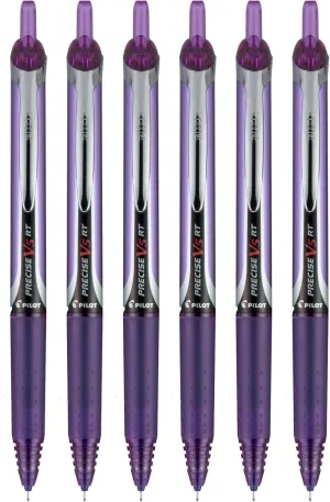 Precise V5 RT Retractable Rolling Ball Pens, Extra Fine Point (.5mm), Purple Ink, 6-pk; Premium Comfort Grip, Bundle with Plastic Reusable Pouch