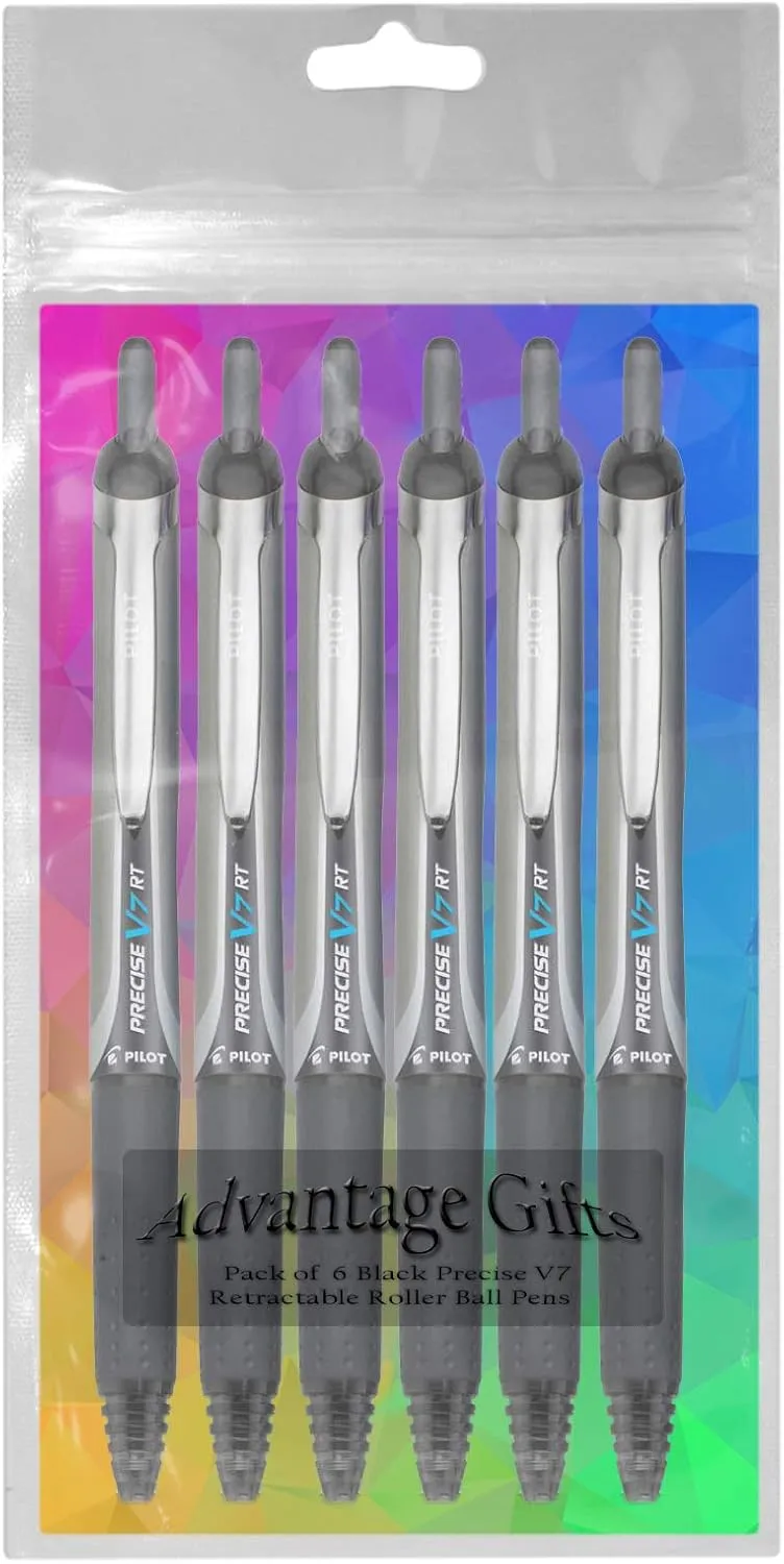 Precise V7 RT Retractable Rolling Ball Pens, Fine Point (.7mm), Black Ink, 6-pk; Premium Comfort Grip, Bundle with Plastic Reusable Pouch
