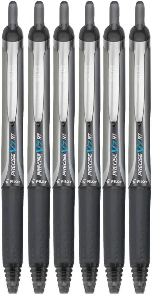 Precise V7 RT Retractable Rolling Ball Pens, Fine Point (.7mm), Black Ink, 6-pk; Premium Comfort Grip, Bundle with Plastic Reusable Pouch