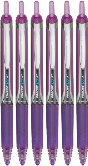 Precise V7 RT Retractable Rolling Ball Pens, Fine Point (.7mm), Purple Ink, 6-pk; Premium Comfort Grip, Bundle with Plastic Reusable Pouch