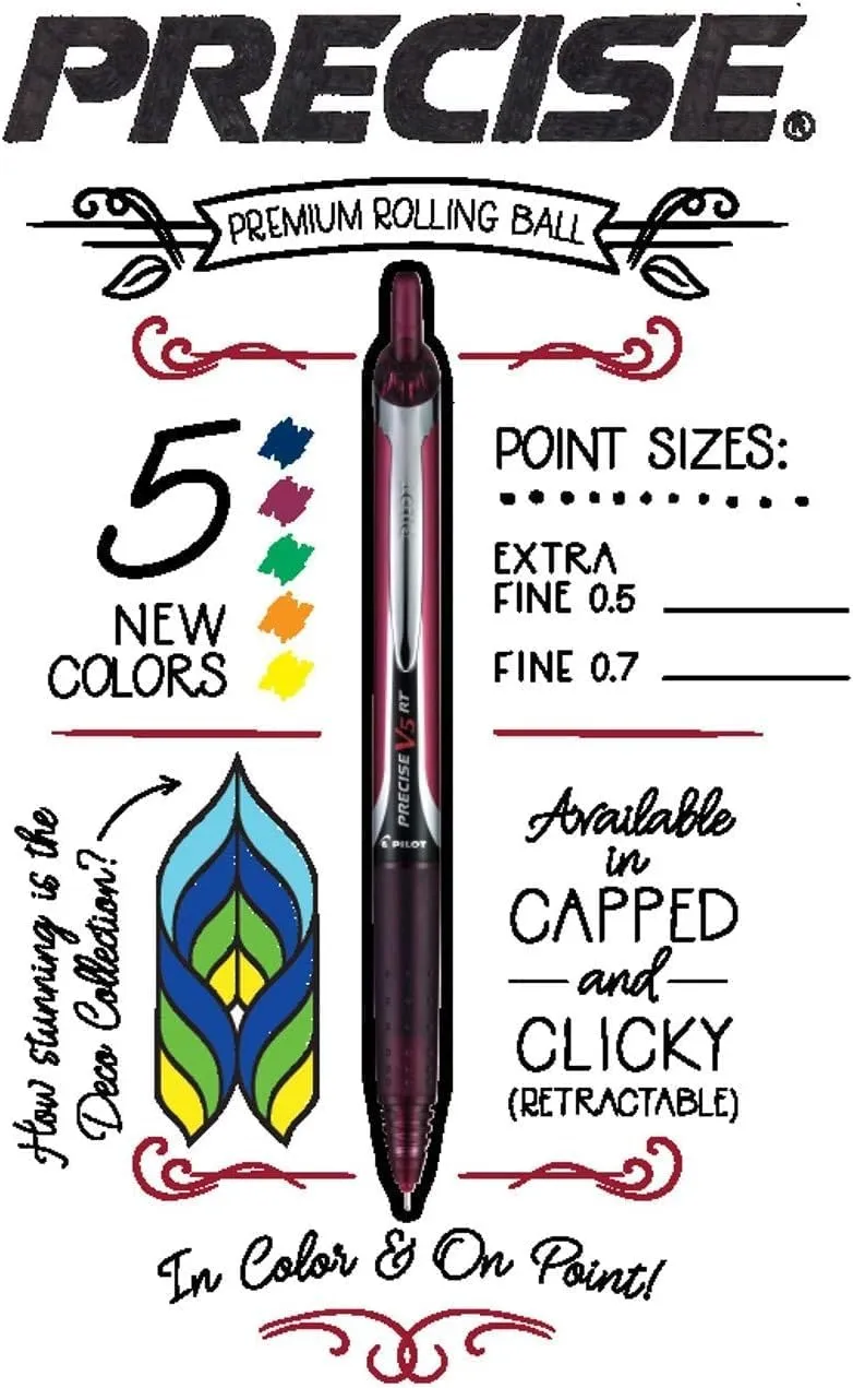 Precise V7 RT Retractable Rolling Ball Pens, Fine Point (.7mm), Purple Ink, 6-pk; Premium Comfort Grip, Bundle with Plastic Reusable Pouch