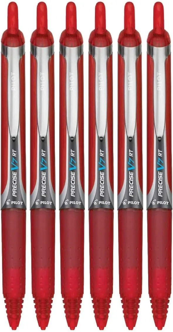 Precise V7 RT Retractable Rolling Ball Pens, Fine Point (.7mm), Red Ink, 6-pk; Premium Comfort Grip, Bundle with Plastic Reusable Pouch