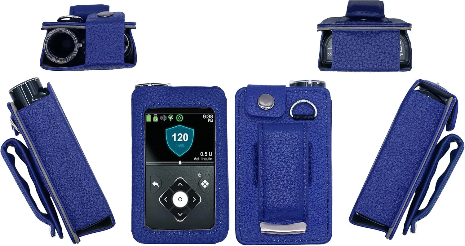 Premium Fitted Leather Case with Screen Protector & Rotatable Belt Clip (Neck Lanyard) for Medtronic Minimed Insulin Pump 630G/ 640G/ 670G/770G/780G (All Model) (Navy)