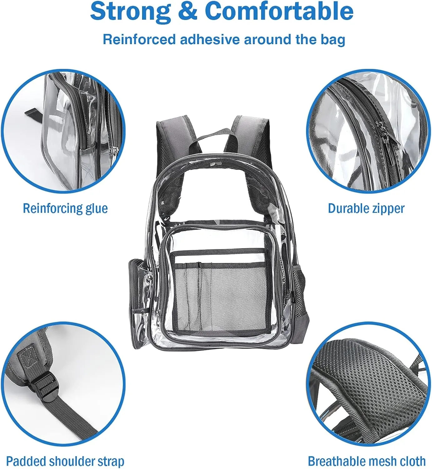 ProCase Heavy Duty Clear Backpack, See Through Backpacks Transparent Clear Large Bookbag for School Work Stadium Security -Grey