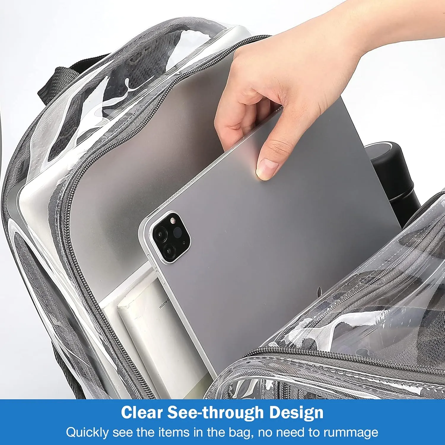 ProCase Heavy Duty Clear Backpack, See Through Backpacks Transparent Clear Large Bookbag for School Work Stadium Security -Grey