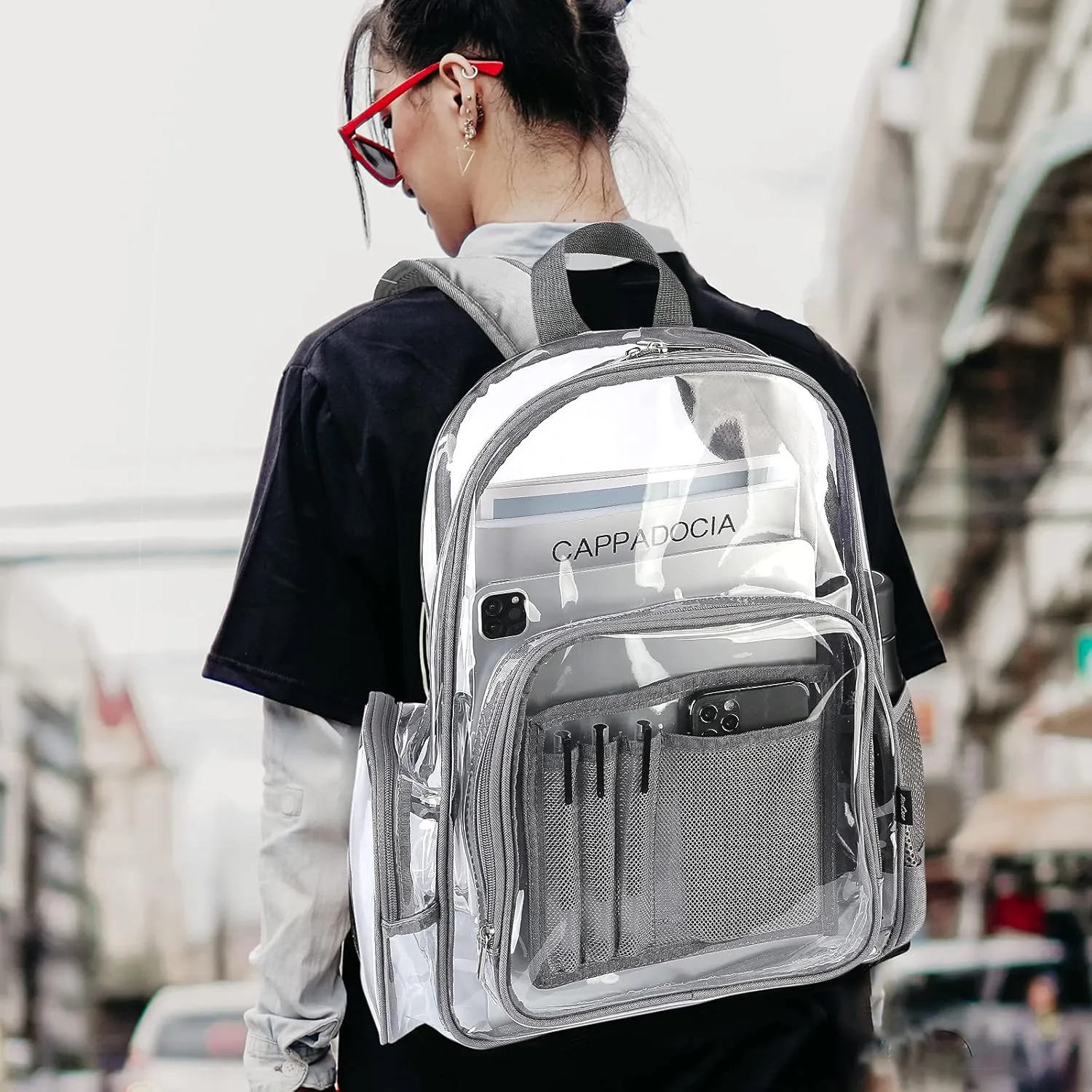 ProCase Heavy Duty Clear Backpack, See Through Backpacks Transparent Clear Large Bookbag for School Work Stadium Security -Grey