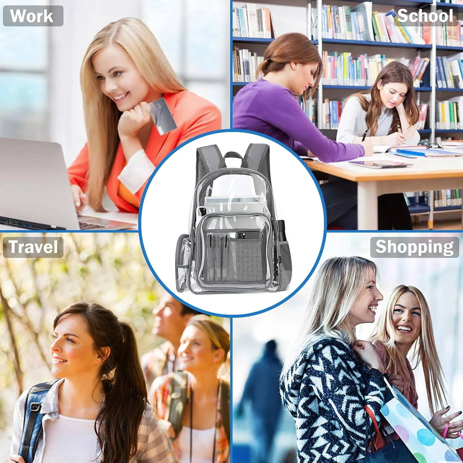 ProCase Heavy Duty Clear Backpack, See Through Backpacks Transparent Clear Large Bookbag for School Work Stadium Security -Grey