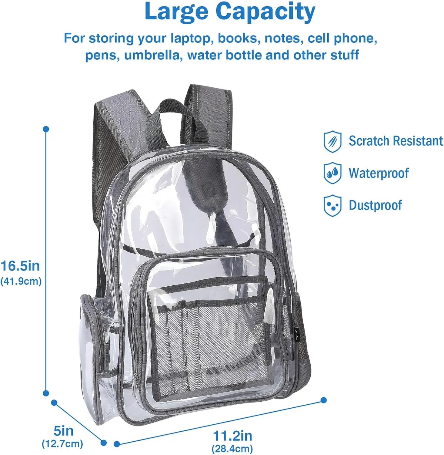 ProCase Heavy Duty Clear Backpack, See Through Backpacks Transparent Clear Large Bookbag for School Work Stadium Security -Grey