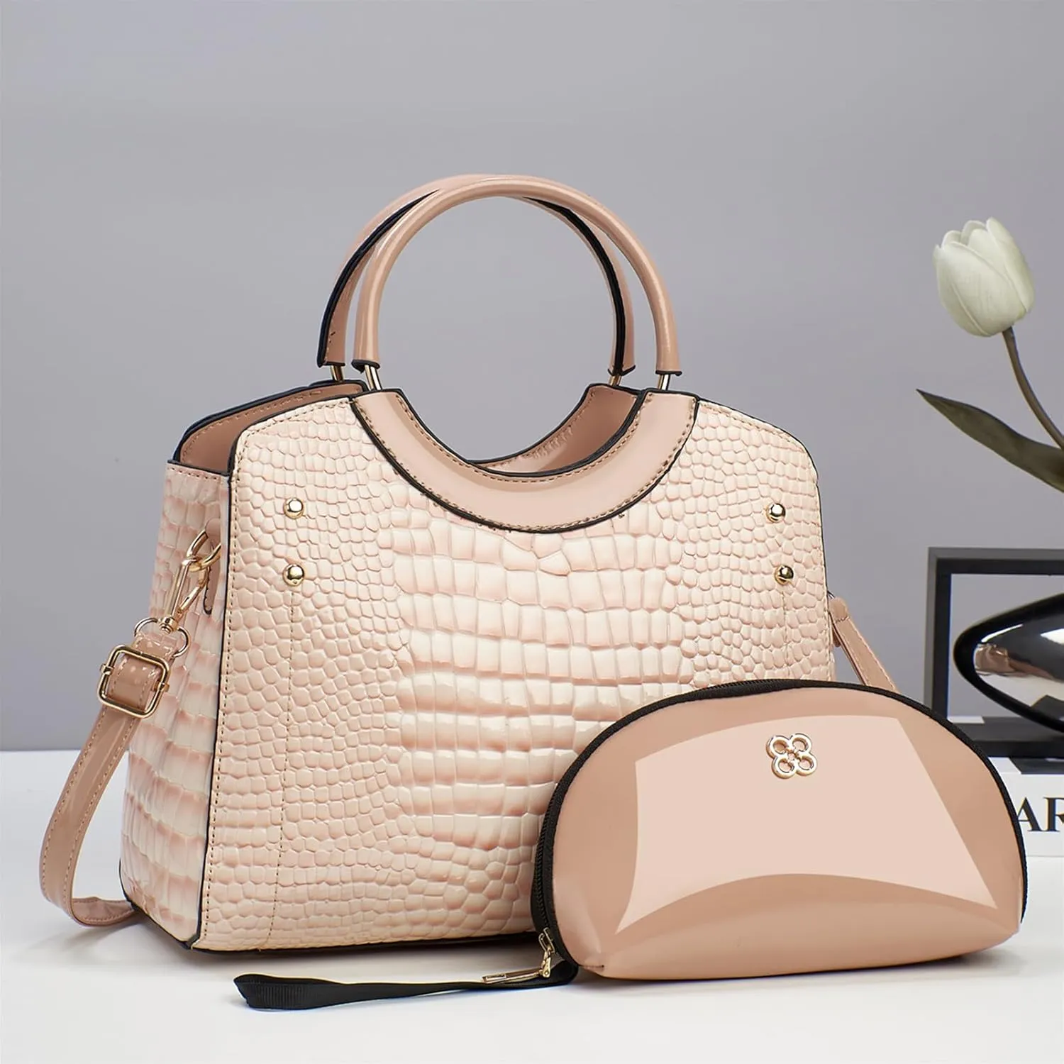 PU Leather Handbag for Women Crocodile Embossed Shoulder Bag Waterproof Crossbody Bag Large Messenger Bag