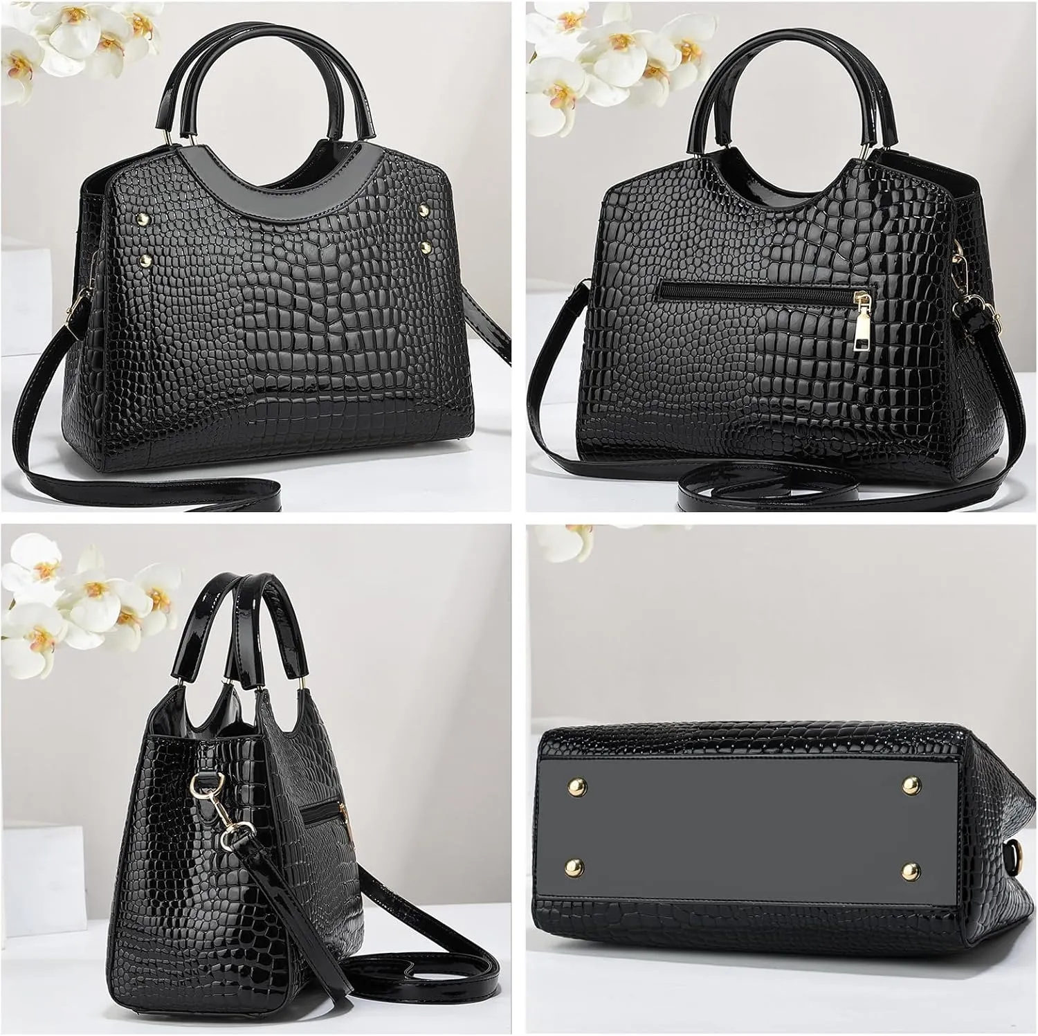 PU Leather Handbag for Women Crocodile Embossed Shoulder Bag Waterproof Crossbody Bag Large Messenger Bag