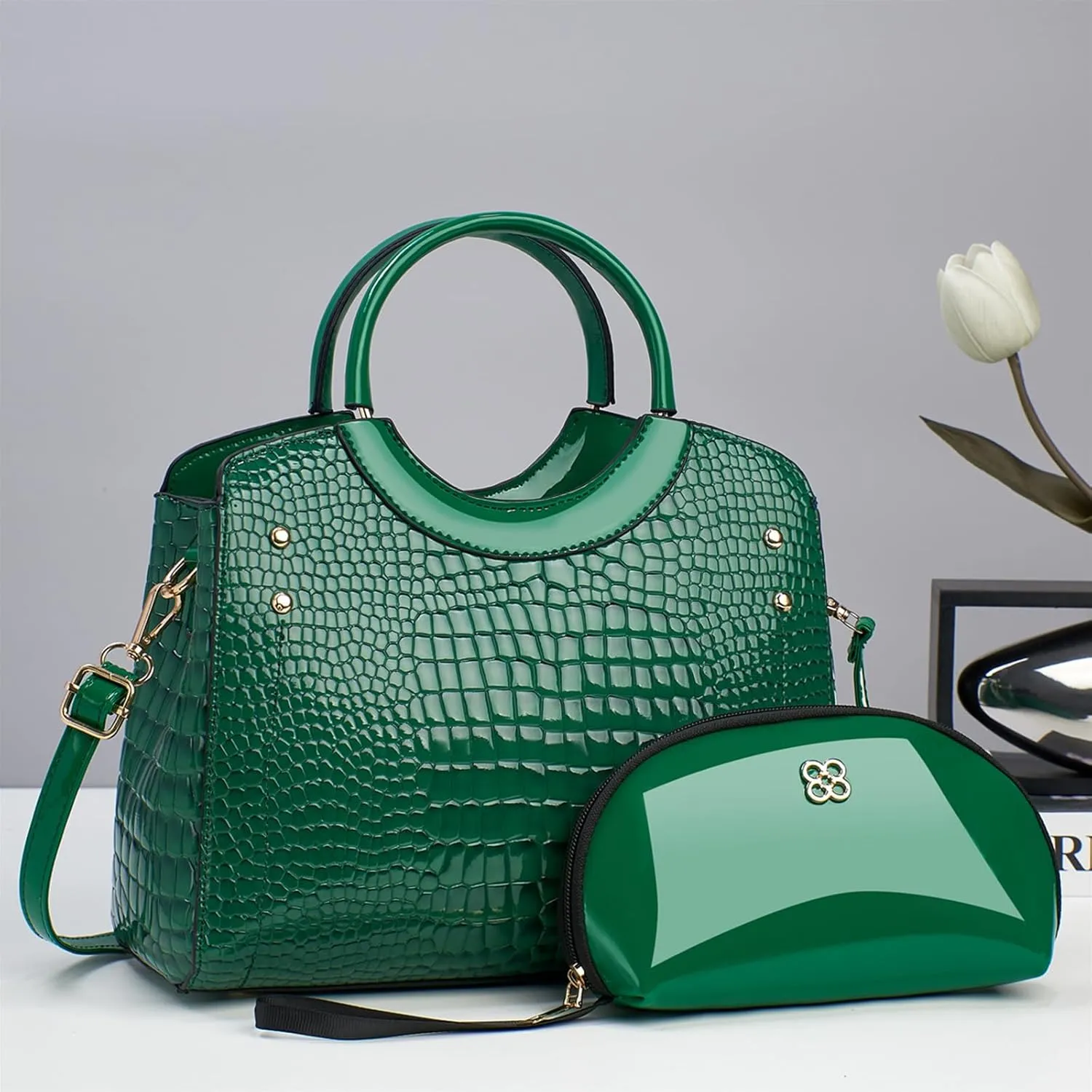 PU Leather Handbag for Women Crocodile Embossed Shoulder Bag Waterproof Crossbody Bag Large Messenger Bag