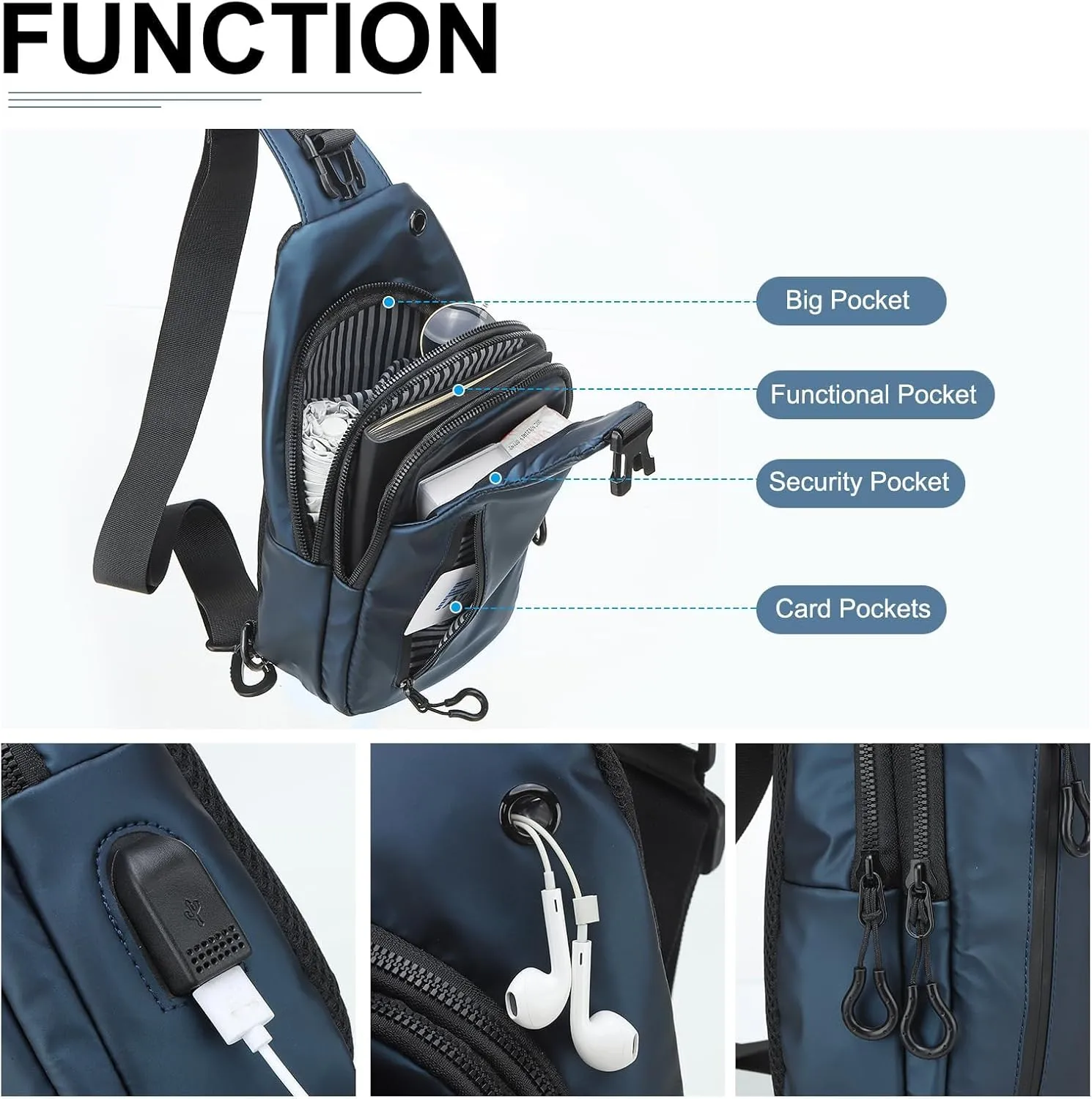 PU Sling Bag Crossbody Backpack - Multipurpose Casual Packs - USB Charge Port