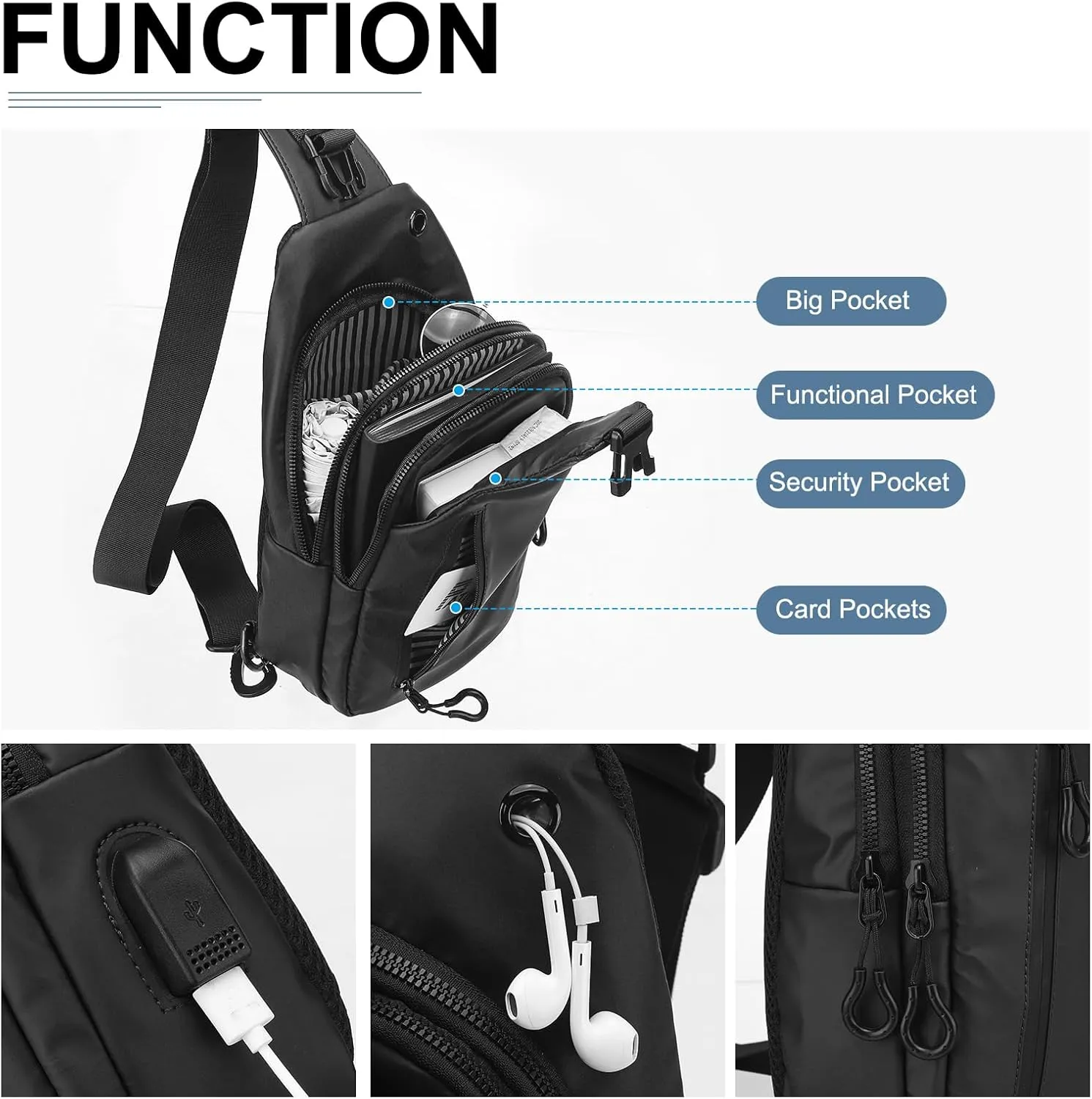 PU Sling Bag Crossbody Backpack - Multipurpose Casual Packs - USB Charge Port