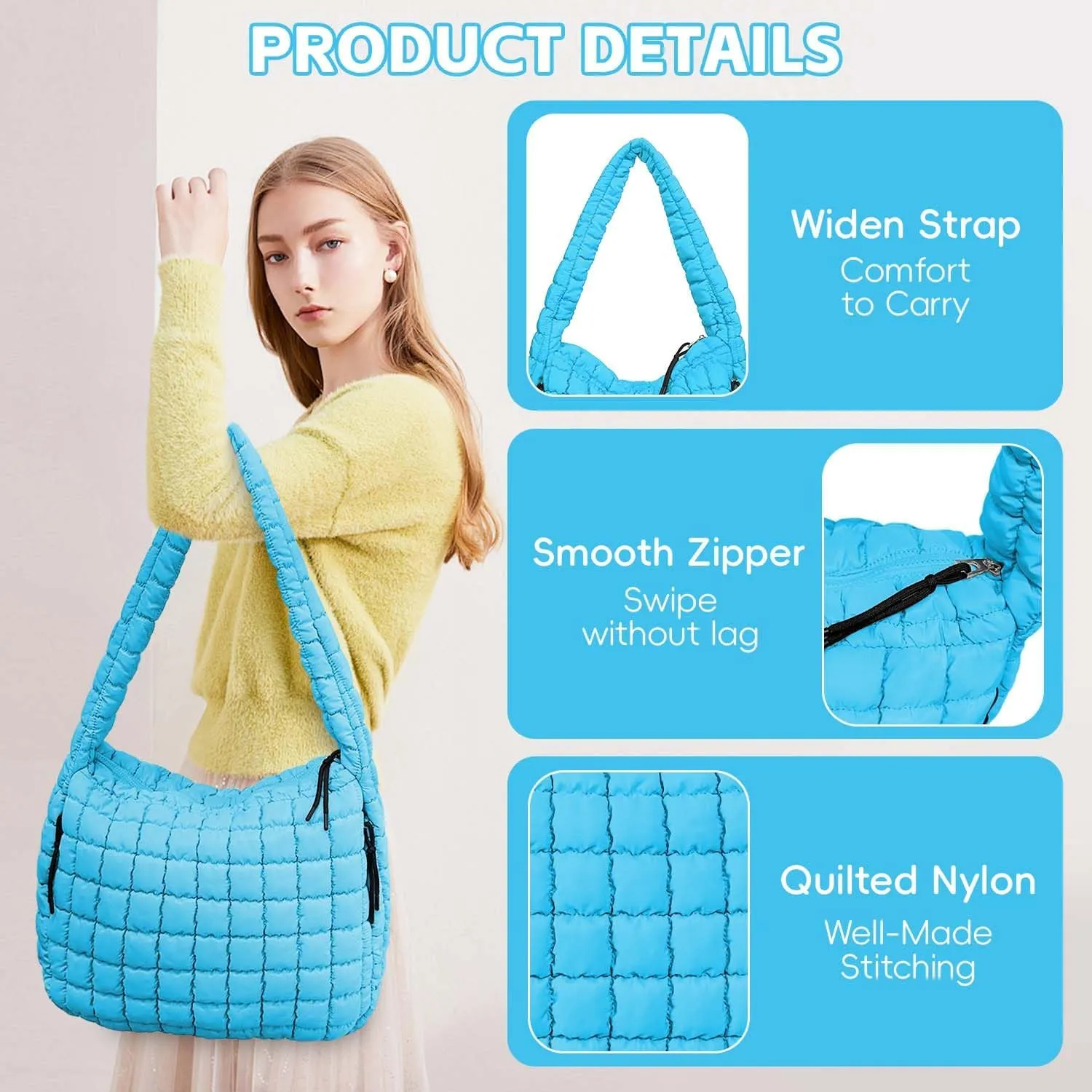 Puffer Tote, Quilted Puffer Hobo Bag, Lightweight Puffy Quilted Shoulder Bag for Work, Gym, Travel