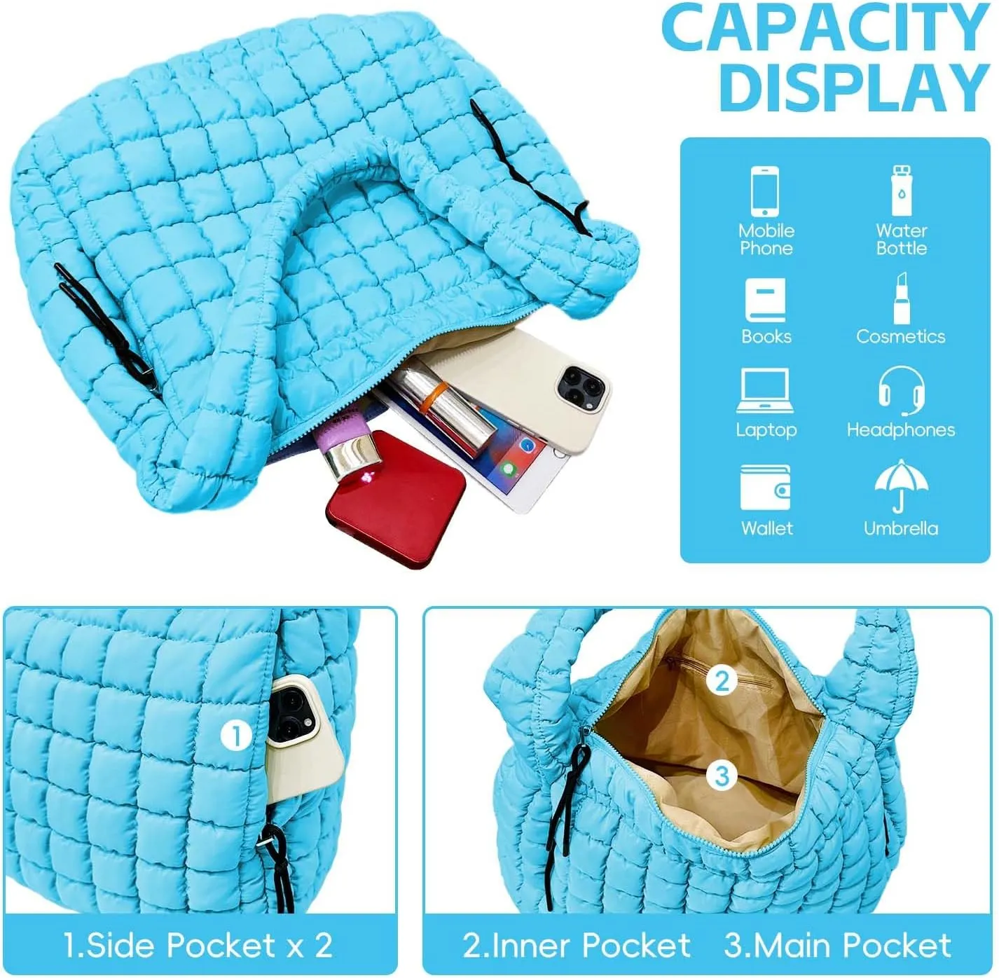 Puffer Tote, Quilted Puffer Hobo Bag, Lightweight Puffy Quilted Shoulder Bag for Work, Gym, Travel