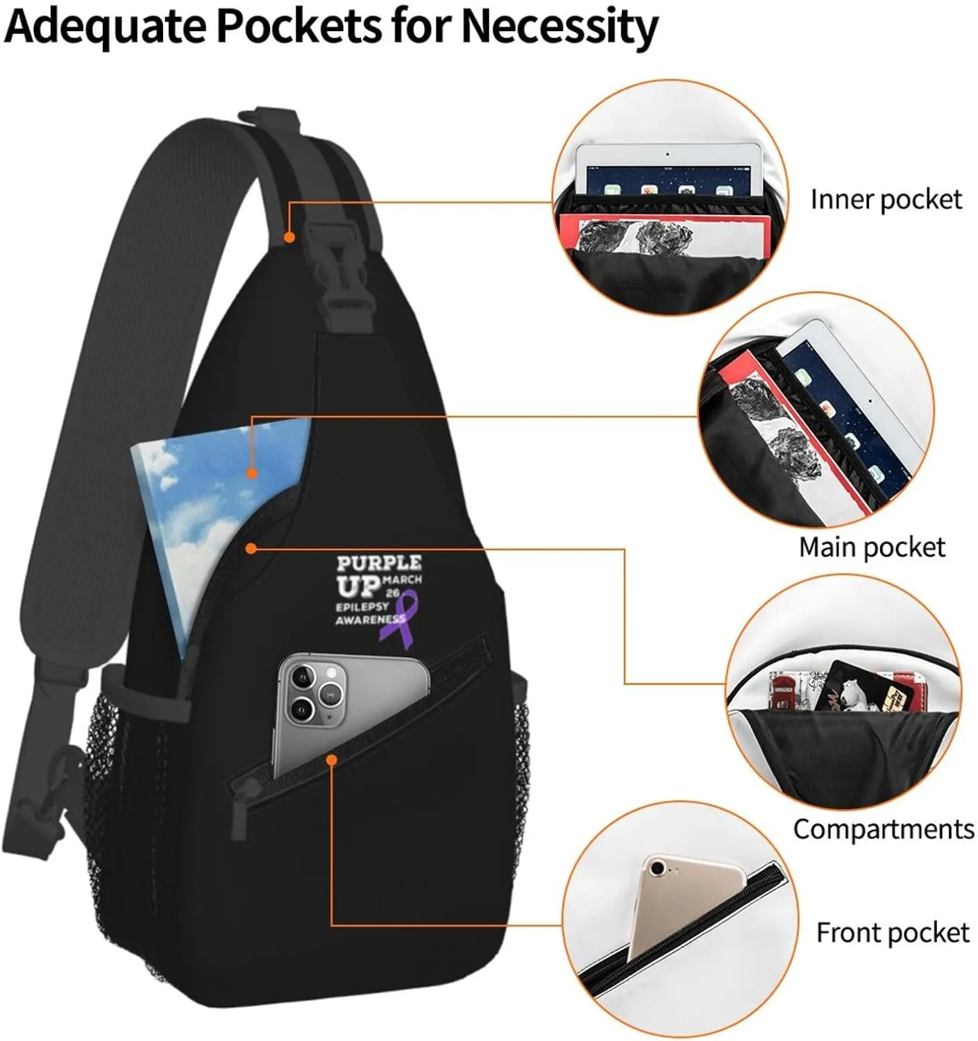 Purple Up March 26 Support Epilepsy Awareness Sling Bag Crossbody Backpack Shoulder Casual Daypack Bag for Men Women