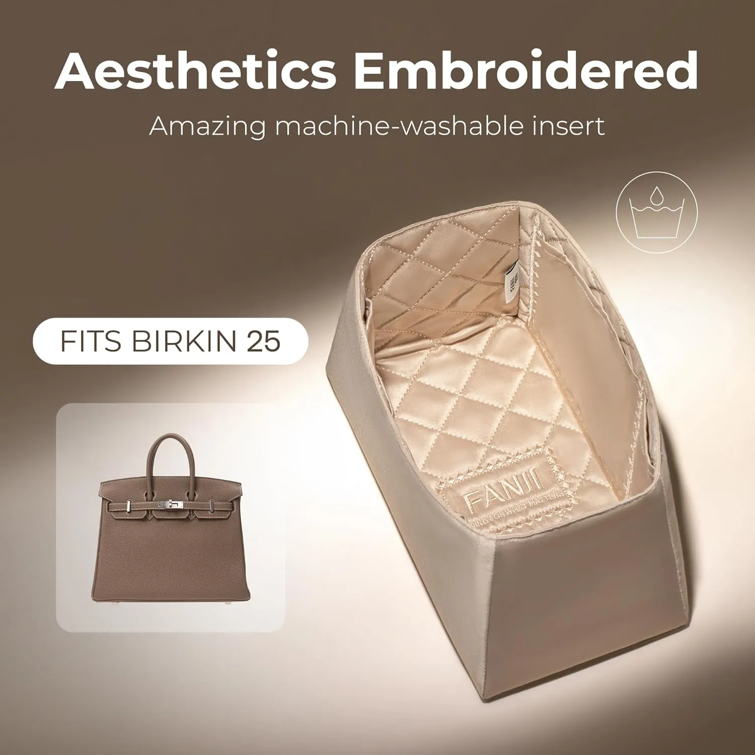 Purse Organizer Insert for HERMES Birkin 25 Handbag, Custom Perfect Fit Inside Premium Aesthetics Embroidered Lightweight Tote Bag Inserts Accessories (Silk Gold Sheen)