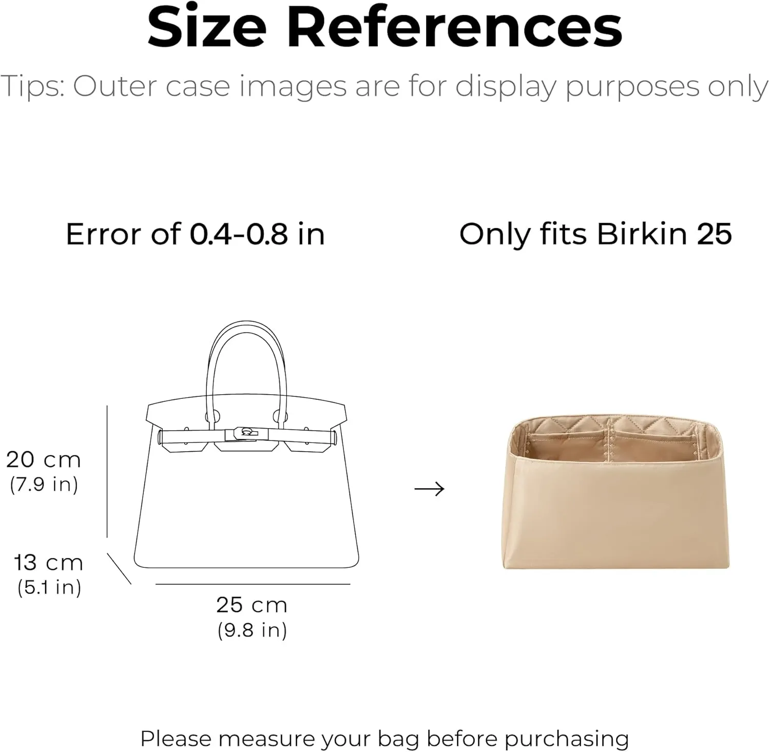 Purse Organizer Insert for HERMES Birkin 25 Handbag, Custom Perfect Fit Inside Premium Aesthetics Embroidered Lightweight Tote Bag Inserts Accessories (Silk Gold Sheen)