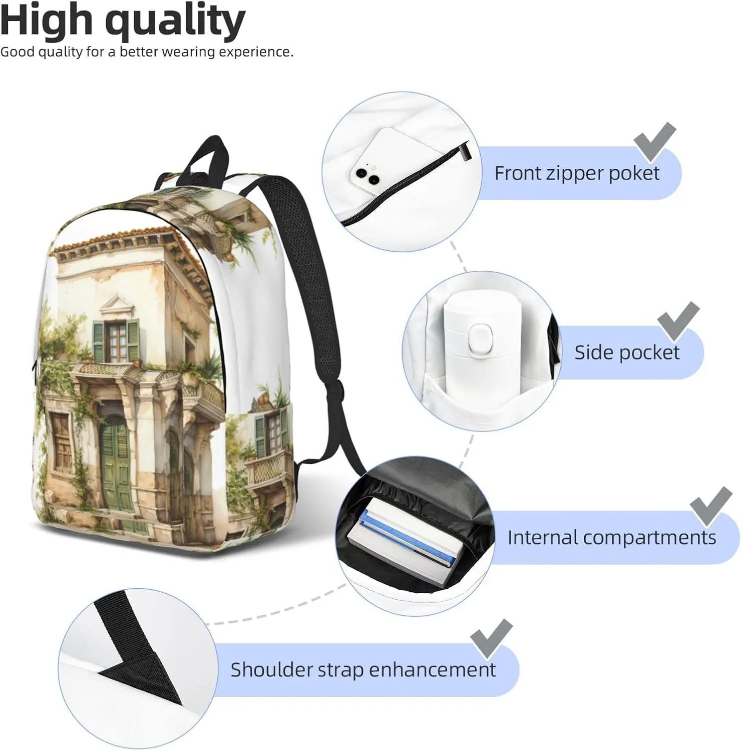 QIN&ZHENG Antique Building with Roman Olive Branch and Greek Print Personalized Canvas Backpack Stylish Rucksack Novelty Casual Daypack for Travel Work