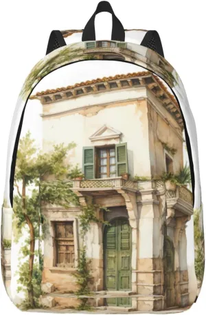 QIN&ZHENG Antique Building with Roman Olive Branch and Greek Print Personalized Canvas Backpack Stylish Rucksack Novelty Casual Daypack for Travel Work
