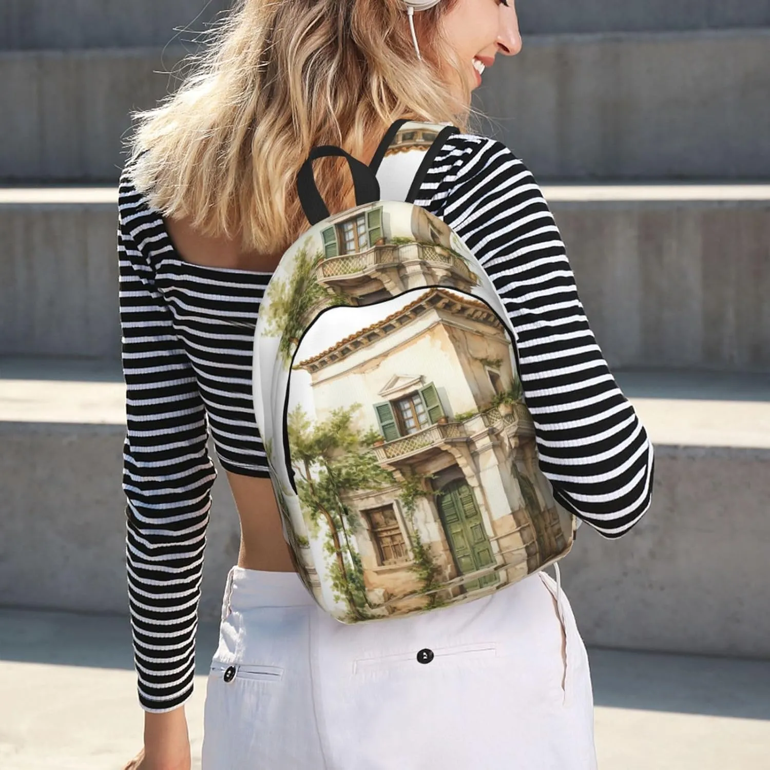 QIN&ZHENG Antique Building with Roman Olive Branch and Greek Print Personalized Canvas Backpack Stylish Rucksack Novelty Casual Daypack for Travel Work