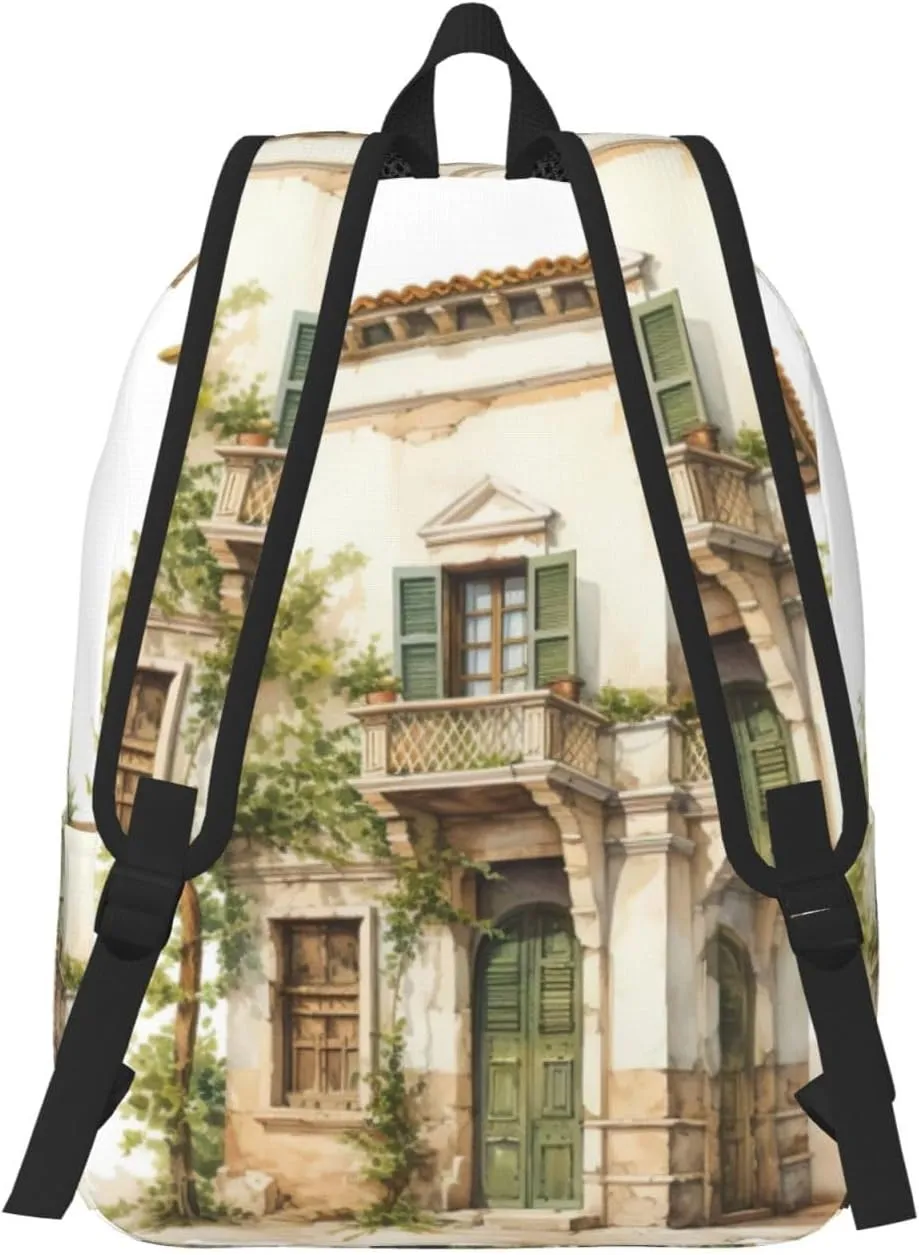 QIN&ZHENG Antique Building with Roman Olive Branch and Greek Print Personalized Canvas Backpack Stylish Rucksack Novelty Casual Daypack for Travel Work
