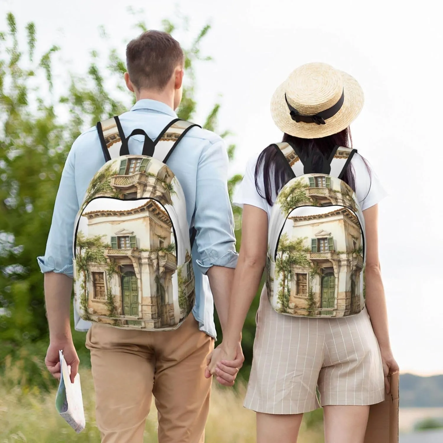 QIN&ZHENG Antique Building with Roman Olive Branch and Greek Print Personalized Canvas Backpack Stylish Rucksack Novelty Casual Daypack for Travel Work