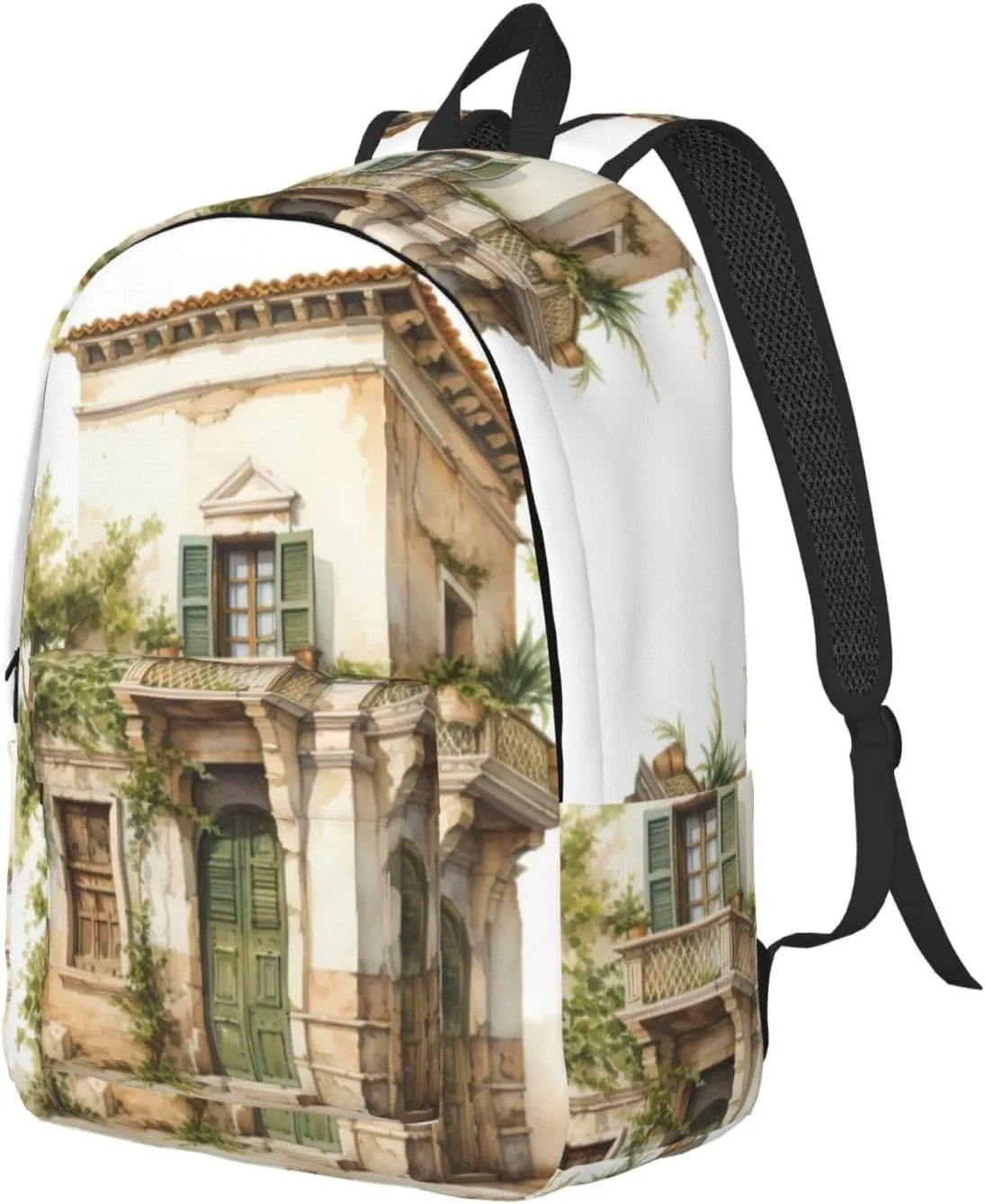 QIN&ZHENG Antique Building with Roman Olive Branch and Greek Print Personalized Canvas Backpack Stylish Rucksack Novelty Casual Daypack for Travel Work