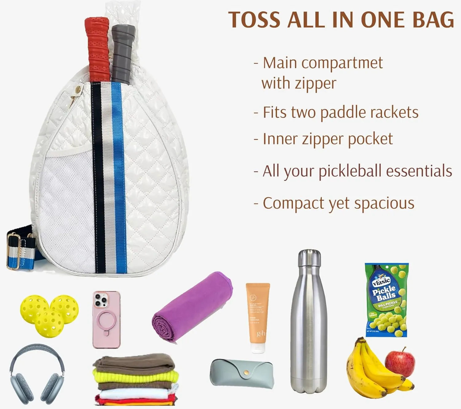 Quilted Pickleball Sling Bag, Crossbody Design with Reflective Stripe, Pickleball Puffer Bags for Women and Men, Pickleball Bags for Ladies