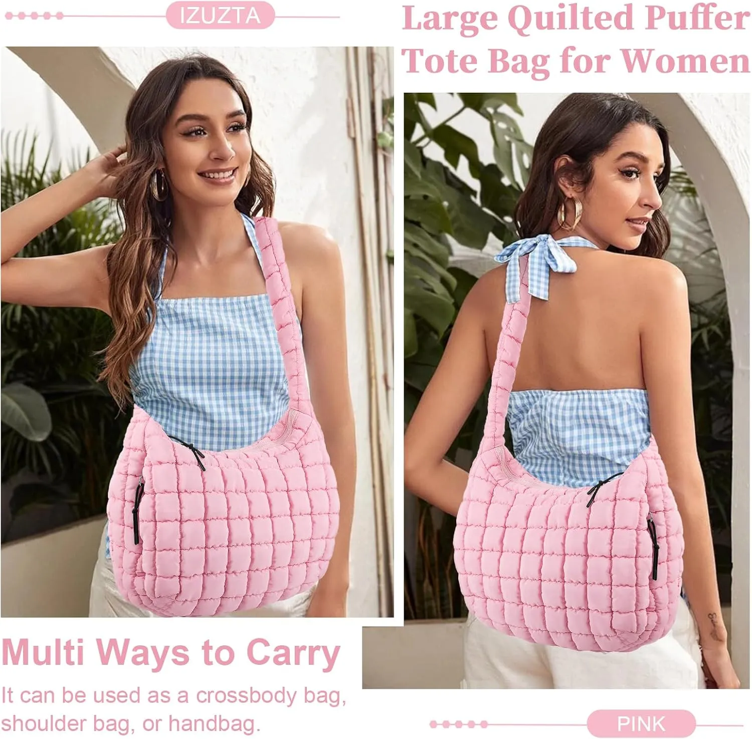 Quilted Puffer Tote Bag for Women - Large Crossbody Bag, Lightweight Nylon Puffy Carryall Hobo Puff Shoulder Bag