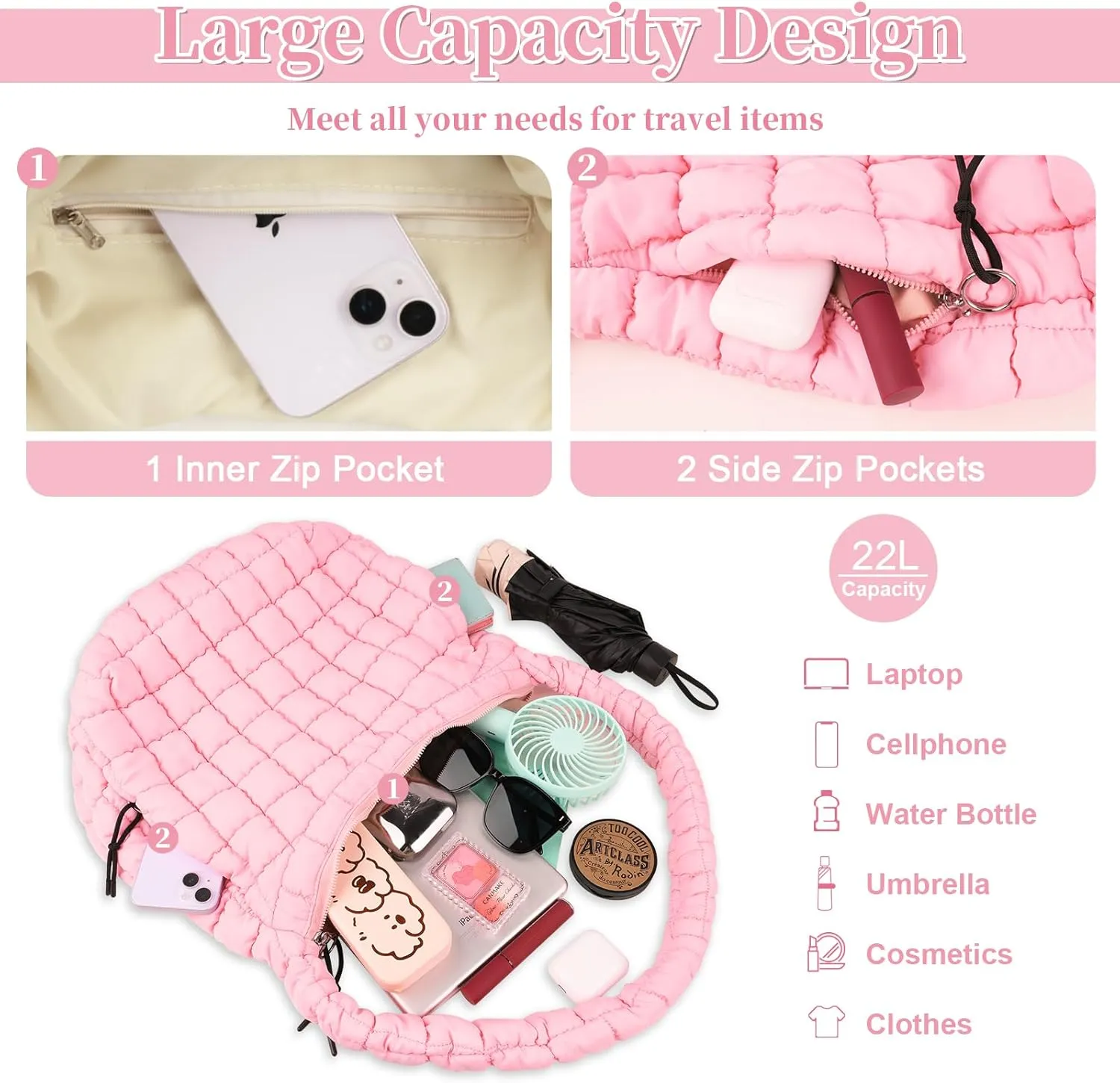 Quilted Puffer Tote Bag for Women - Large Crossbody Bag, Lightweight Nylon Puffy Carryall Hobo Puff Shoulder Bag
