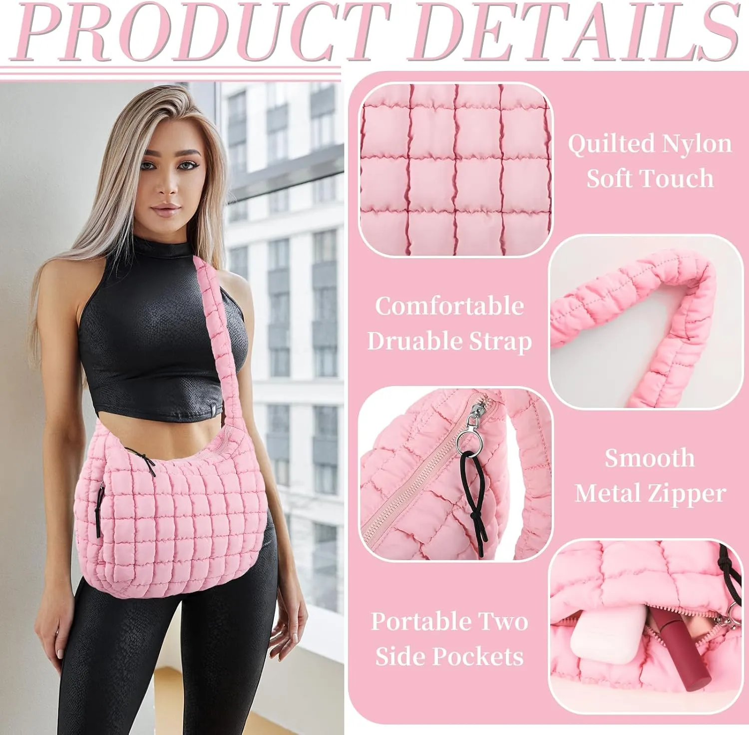 Quilted Puffer Tote Bag for Women - Large Crossbody Bag, Lightweight Nylon Puffy Carryall Hobo Puff Shoulder Bag