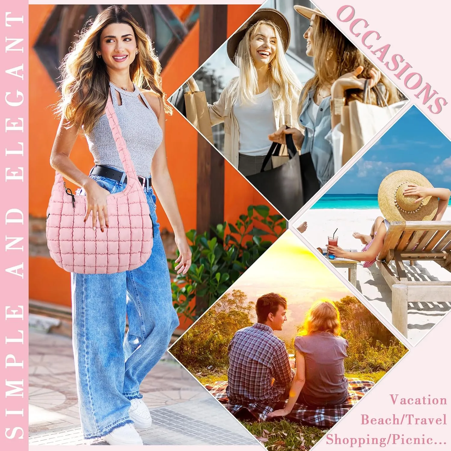 Quilted Puffer Tote Bag for Women - Large Crossbody Bag, Lightweight Nylon Puffy Carryall Hobo Puff Shoulder Bag