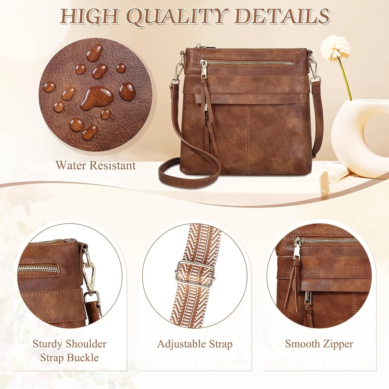 RAVUO Crossbody Bags for Women, Designer Soft Faux Leather Shoulder Purse Multi-Pocket Messenger Bag With 2 Adjustable Straps
