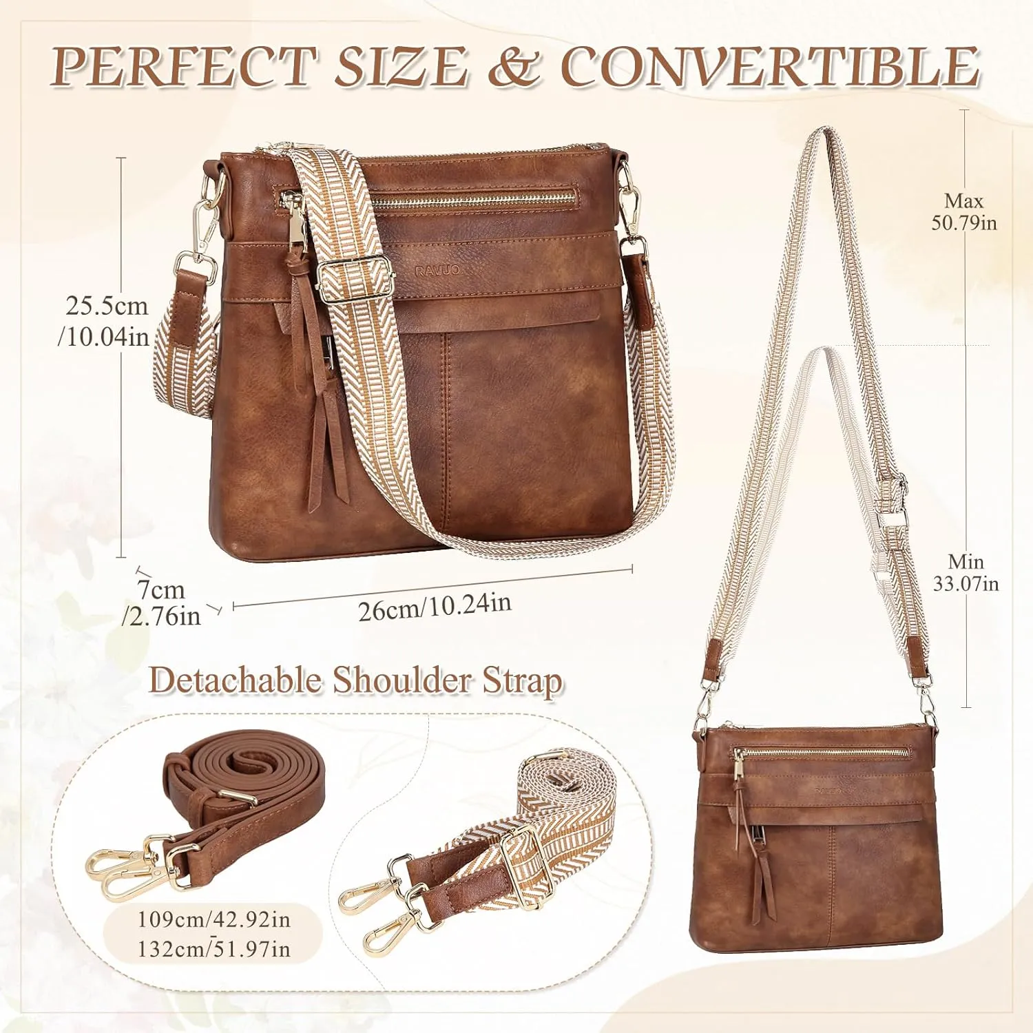 RAVUO Crossbody Bags for Women, Designer Soft Faux Leather Shoulder Purse Multi-Pocket Messenger Bag With 2 Adjustable Straps