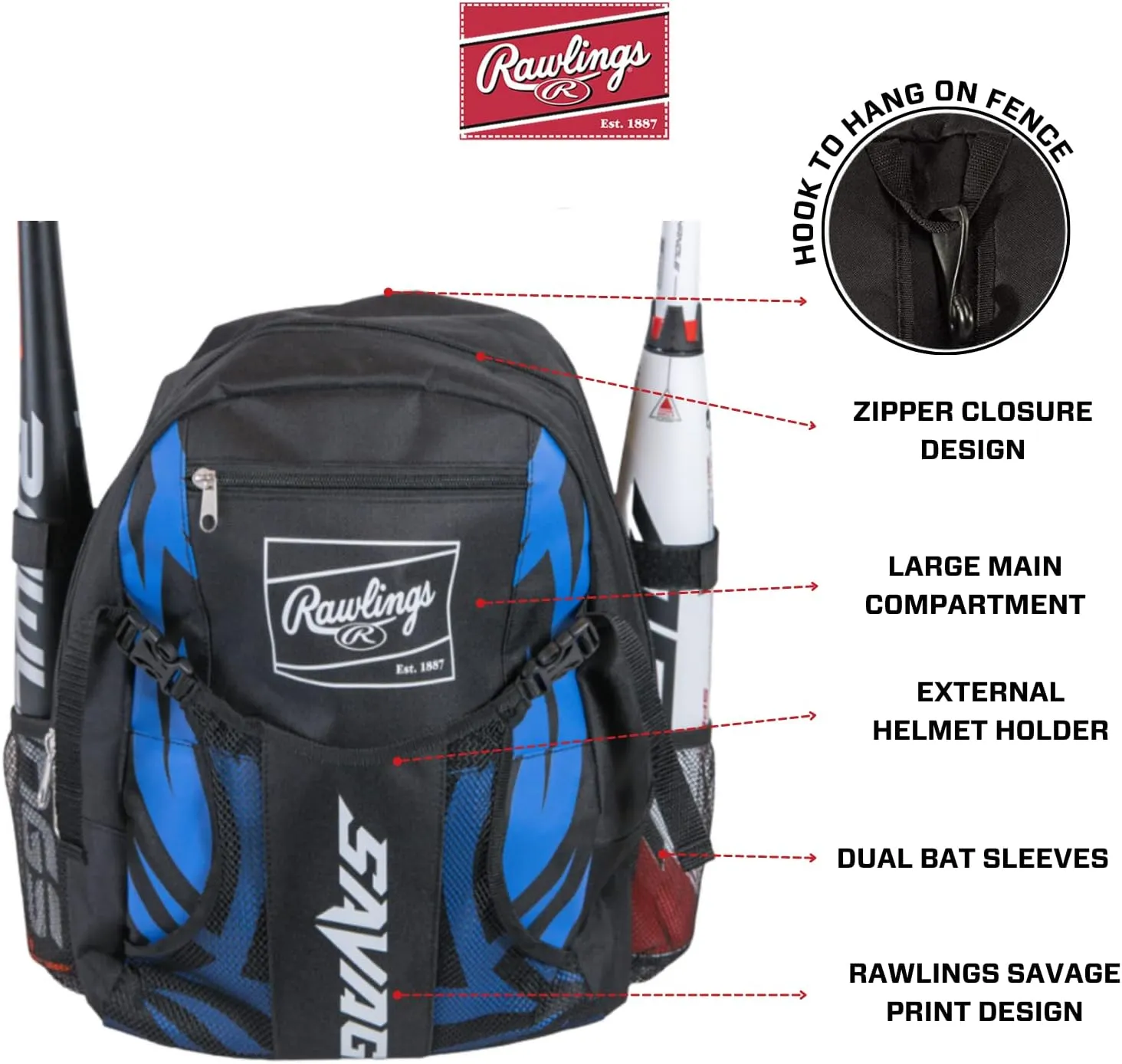 Rawlings | SAVAGE Backpack Equipment Bag | T-Ball/Youth Baseball & Softball | Multiple Styles