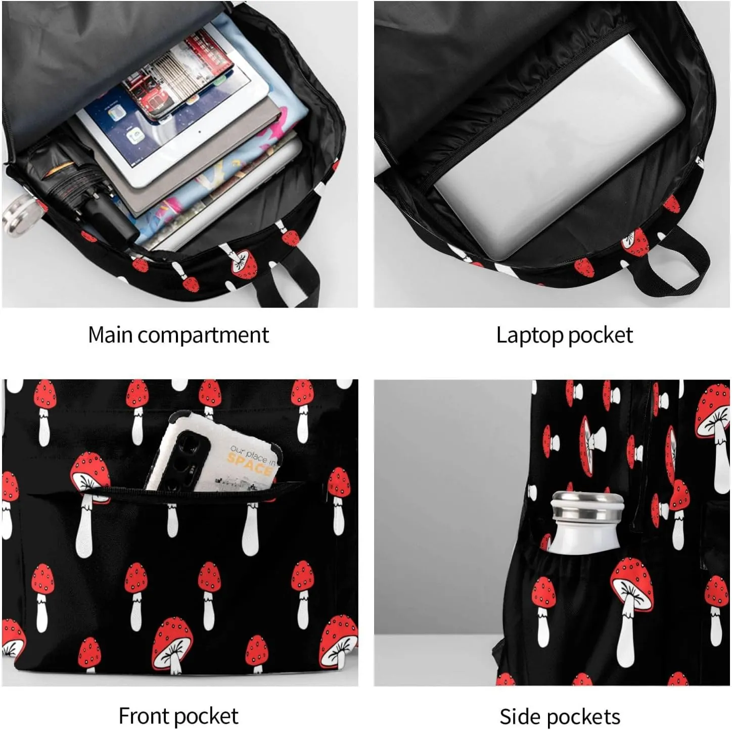 Red Mushrooms Black Background Laptop Backpack Shoulder Bag Laptop Pack Travel Backpacks Commuter Back Pack Casual Daypack Bags With Side Pockets