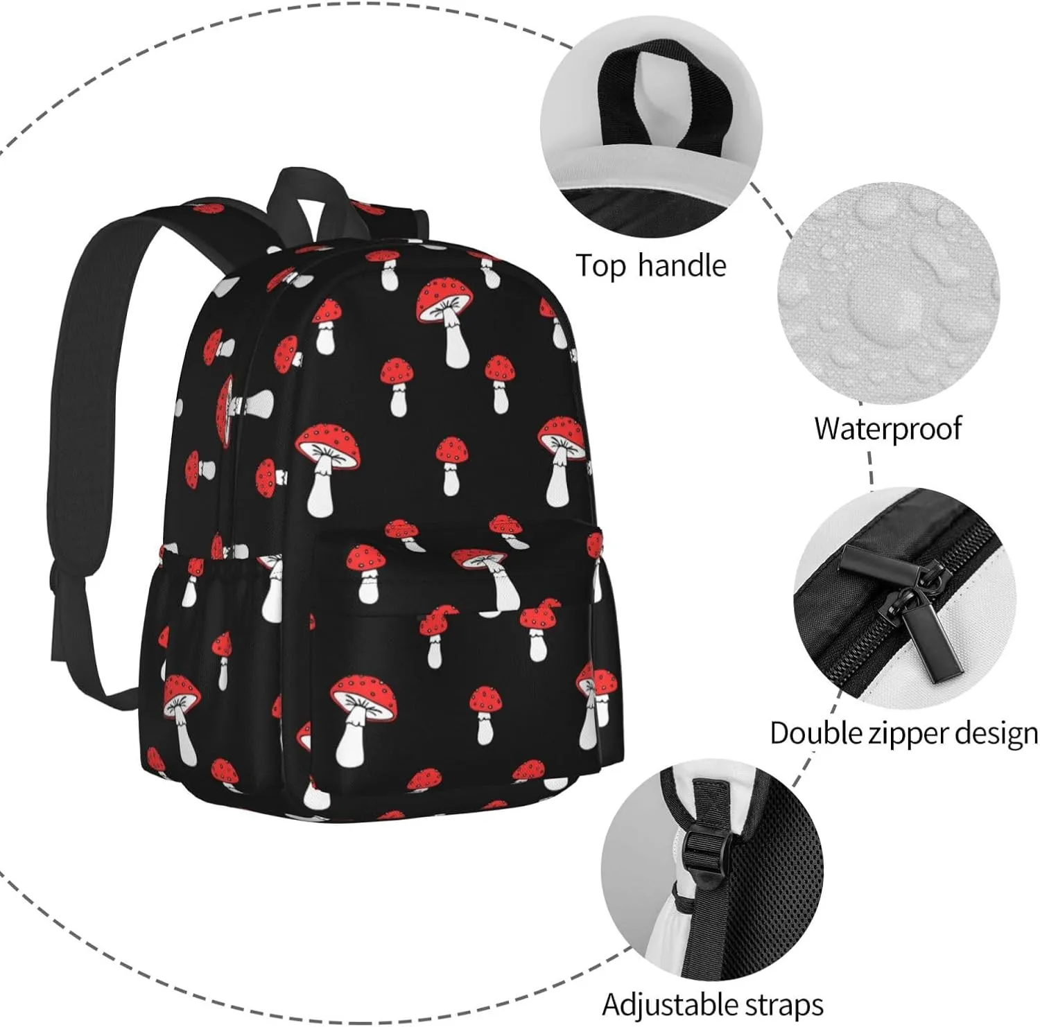 Red Mushrooms Black Background Laptop Backpack Shoulder Bag Laptop Pack Travel Backpacks Commuter Back Pack Casual Daypack Bags With Side Pockets