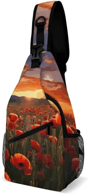 Red Poppy Flower Field Crossbody Sling Bag for Women Men Sling Backpack Travel Chest Bag Pack Man Purse Shoulder Bags Daypack for Travel Hiking Cycling