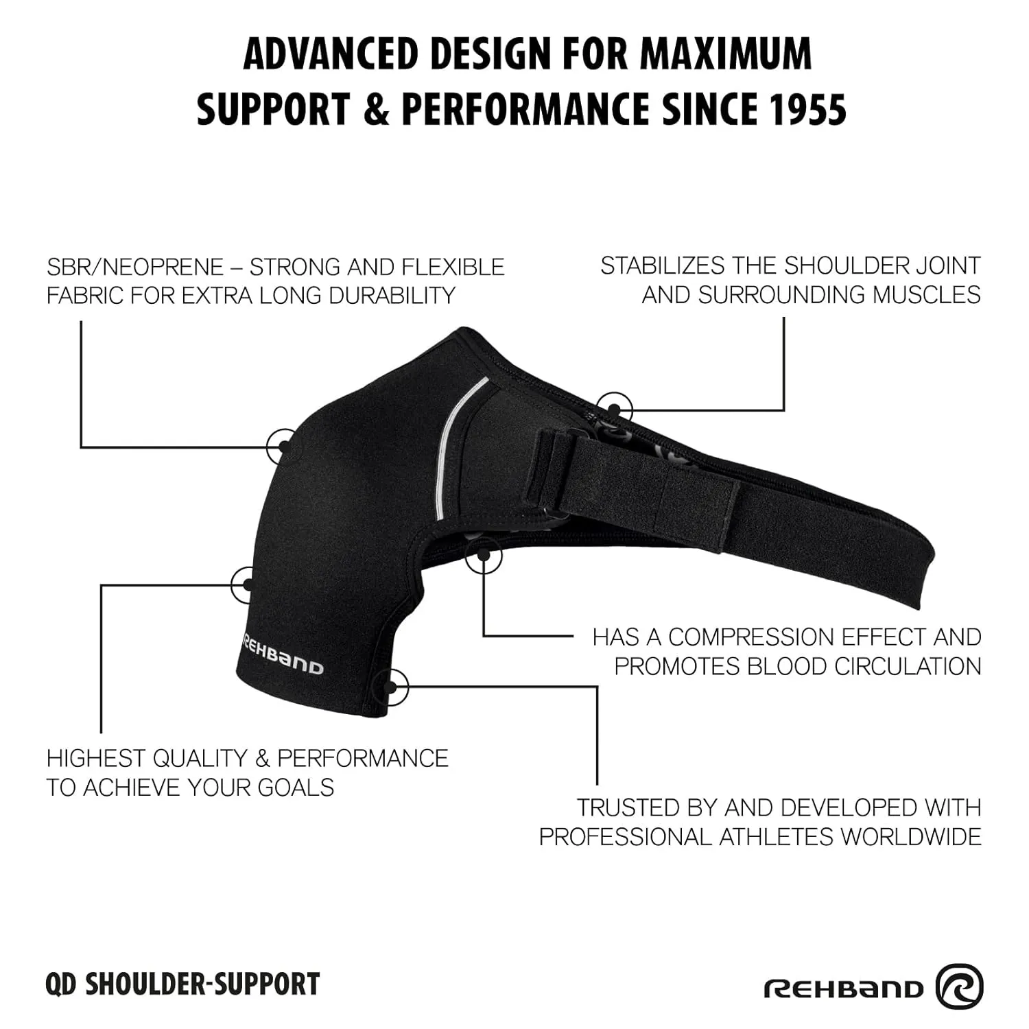 Rehband Shoulder Brace for Men & Women, Adjustable Neoprene Shoulder Support for Sports & Everyday Use, Shoulder Bandage for Left & Right, Colour:Black, Size:Large, Side:Left