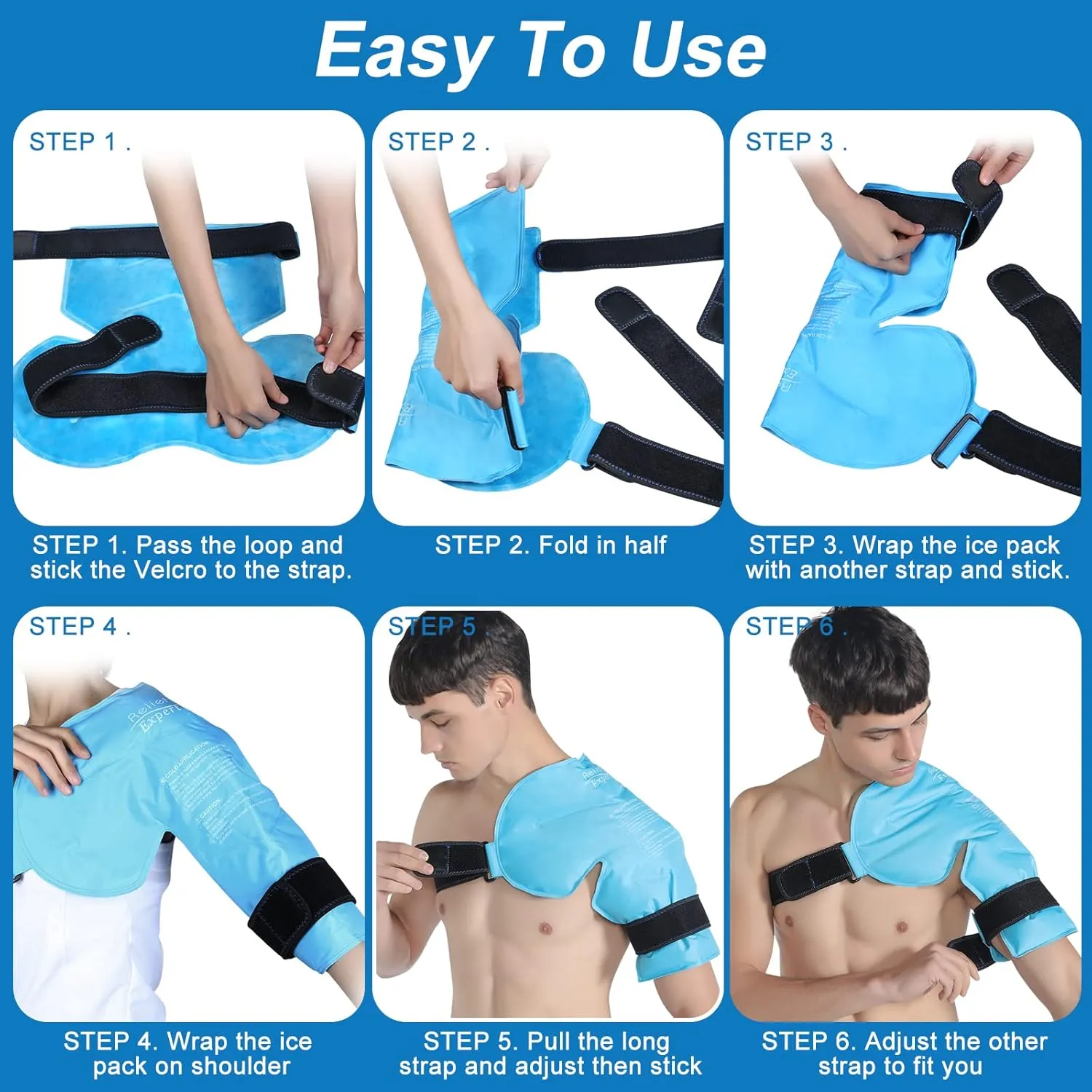 Relief Expert Shoulder Ice Pack Wrap Reusable Rotator Cuff Cold Compression for Left or Right Shoulder and Upper Arm, Large Gel Cold Pack Wrap for Arm with Soft Plush Lining - Blue